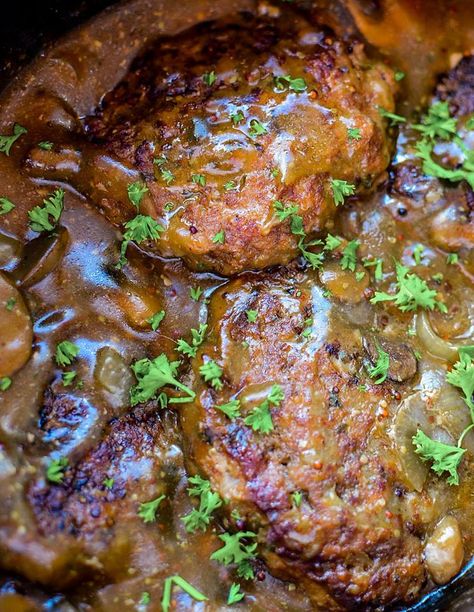 (10) Recipes From Heaven - Photos Salisbury Steak Gravy, Salisbury Steaks, Steak And Gravy, Slow Cooker Salisbury Steak, Salisbury Steak Recipes, Slow Cooked Meals, Salisbury Steak, Hamburger Patties, Crock Pot Slow Cooker