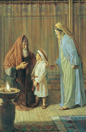 Old Testament. Samuel being taken to the Temple by Hannah, his mother. Devotional Pictures, Rosary Meditations, Joyful Mysteries, Solitary Life, Rosary Mysteries, Biblical Scenes, Jesus In The Temple, Lds Art, Bible Images