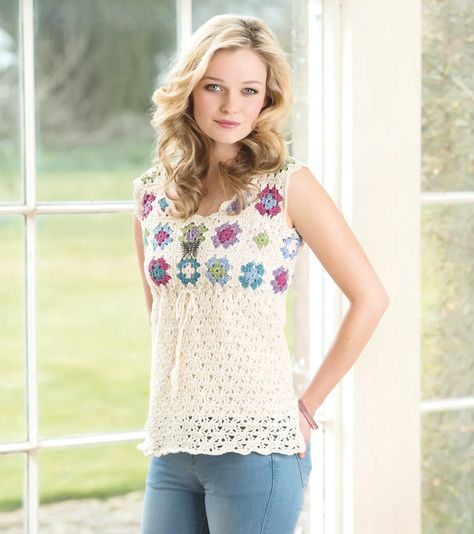 Free granny square crochet vest top pattern - Gathered Vest Top Pattern, Crochet Blouse Pattern, Sunburst Granny Square, Vest Pattern Free, Simply Crochet, Crochet Vest Pattern, Crochet Tops Free Patterns, Crochet Summer Tops, Crochet Motifs