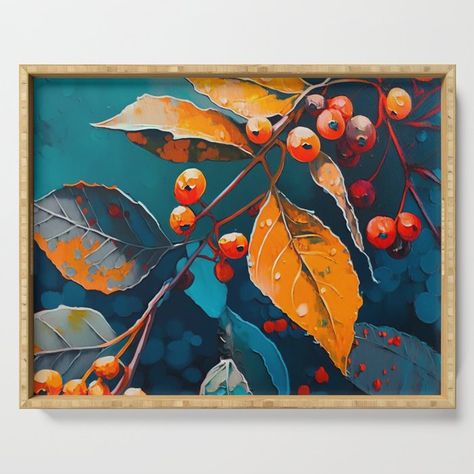 Fall leaves and rowan berry. Abstract modern autumn nature oil painted art in blue red orange colors Serving Tray Rowan Berry, Autumn Leaves Art, Nature Autumn, Oil Painting Nature, Orange Painting, Autumn Foliage, Autumn Nature, Floral Poster, Orange Art