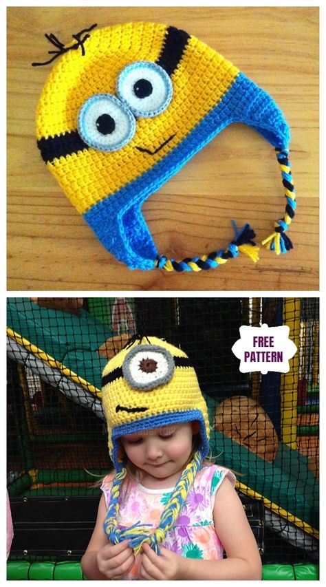 DIY Crochet Minion Earflap Hat free Crochet Pattern Crochet Minion Hat Pattern Free Kids, Free Crochet Minion Hat, Minion Beanie Crochet Pattern Free, Minion Hats Crochet Free Pattern, Kid Hat Crochet Pattern, Minion Crochet Hats, Minion Hat Crochet Pattern Free, Minion Hat Crochet, Crochet Hat With Earflaps Pattern Free