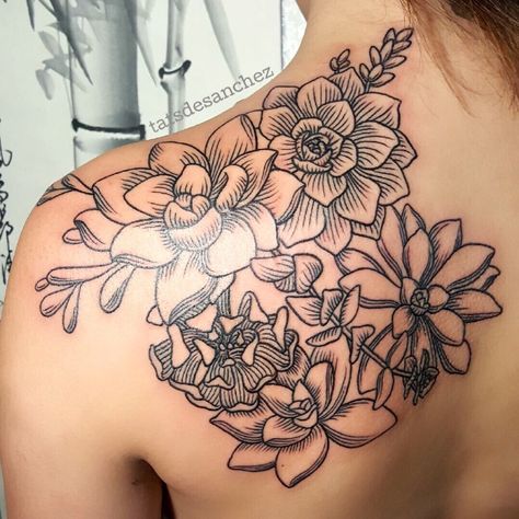 succulent linework tattoo Flower And Cactus Tattoo, Succulent Back Tattoo, Small Succulent Tattoo, Floral Linework Tattoo, Tattoo Succulent, Succulent Tattoos, Cactus Flower Tattoo, Succulent Tattoo, Feminist Tattoo