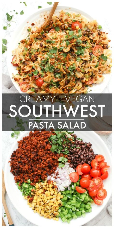 Creamy and Vegan Southwest Pasta Salad Southwest Dressing, Southwest Pasta, Southwest Pasta Salad, Bow Tie Pasta, Salad Buah, Resep Salad, Salad Pasta, Vegan Salad Recipes, Savory Vegan