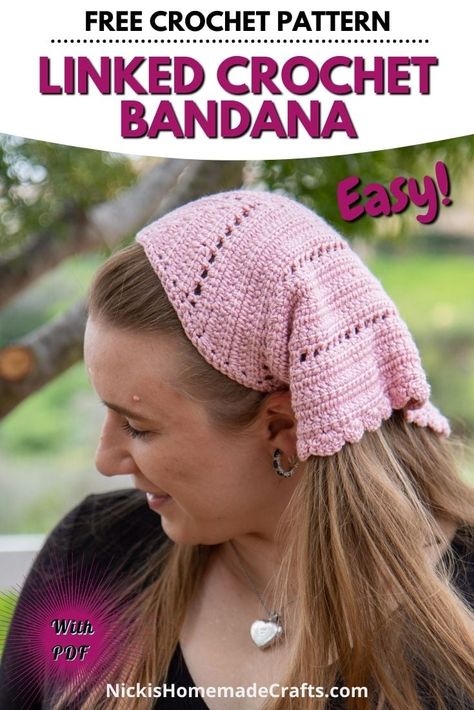 Add a touch of elegance to your summer wardrobe with this free crochet pattern for a linked crochet bandana. In a soft, pastel pink shade, this head kerchief is the perfect accessory for a day out in the sun. Crafted with a linked crochet technique, it's a beautiful piece that will make you stand out from the crowd. Crochet Head Covering, Crochet Bandana Pattern, Panda Applique, Beanies Crochet, Head Kerchief, Crochet Appliques, Crochet Wearables, Bandana Pattern, Crochet Bandana