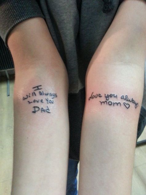 Parent Inspired Tattoos, Unique Tattoos For Parents, Parent Tattoos Meaningful, Handwritten Tattoos From Parents, Step Dad Tattoos For Daughter, Tattoos To Represent Parents, Parent Tattoos For Daughters, Hand Writing Tattoos, Matching Parent Tattoos