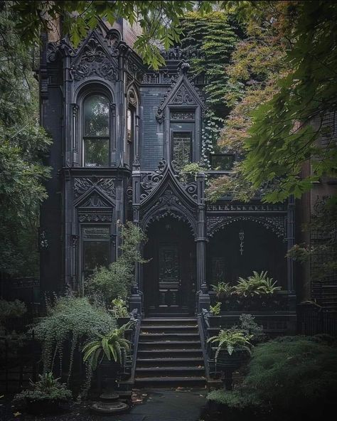 Dark Gothic House, Gothic Tiny House, Gothic House Exterior, Victorian Gothic House, Gothic Victorian House, Gothic Homes, Vampire House, Goth Houses, Gothic Garden