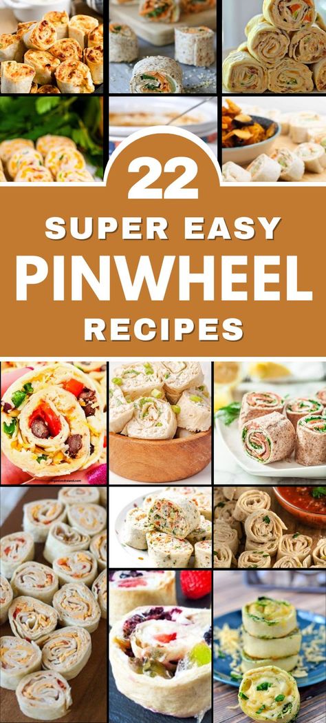 A collage of 22 different pinwheel recipes, showing a variety of colorful, bite-sized wraps filled with ingredients like chicken, cheese, veggies, and cream cheese, perfect for party snacks or lunch ideas. Hot Roll Ups Appetizers, Easy Italian Pinwheels, Spin Wheels Recipe, Mini Pinwheel Appetizers, Bacon Ranch Pinwheels Easy, Roll Up Sandwiches Parties, Game Day Pinwheels, Everything Bagel Pinwheels, Classic Pinwheel Recipe