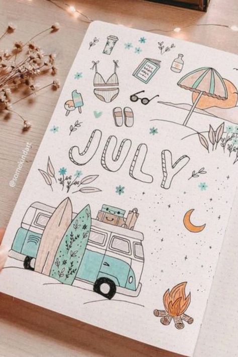 Bullet journal July theme July Journal Spread, Bullet Journal Ideas For June, Bullet Journal July Theme, July Bullet Journal Cover Ideas, August Bullet Journal Cover Ideas, July Journal Page, Bullet Journal Ideas July, July Cover Page Bullet Journal, June Cover Page Bullet Journal