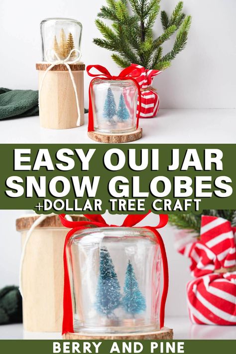 Make elegant Christmas snow globes for Christmas decorations using Oui jars and this easy tutorial. You'll learn how to create the a beautiful jars with keepsakes, miniatures, and more. This upcycle Christmas craft recycles Oui yogurt jars - the glass jars - but you can use any jar you have: mason, spaghetti, or any jar! Use this easy snow globe DIY tutorial to create Dollar Tree accented pieces that are so elevated, elegant, and capture the whimsy and wonder of the holiday craft season. Oui Yogurt Jars Ideas Diy Christmas, Oui Yogurt Jars Ideas Diy, Oui Yogurt Jars Ideas, Oui Jar Crafts, Christmas Dollar Tree Diy, Easy Snow Globes, Snow Globes Christmas, Jar Snow Globes, Upcycle Christmas