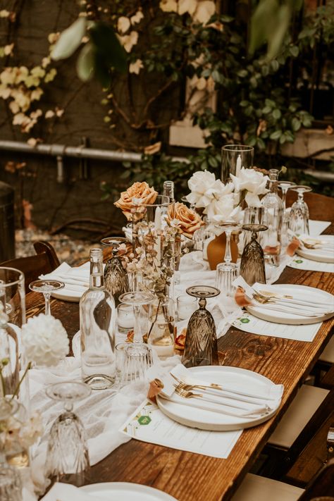 Wedding Rectangle Table Centerpieces, Fall Wedding Tables Neutral Cheese Cloth Over Ivory Tables, Toffee Rose Wedding, Toffee Wedding, Rusty Rose Wedding Table, Terracotta Flowers Wedding Table, Toffee Roses Wedding, Neutral Fall Wedding, Toffee Roses Wedding Centerpieces