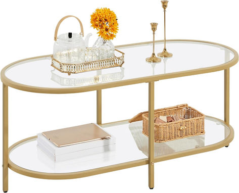 Gold Coffee Table, 42" Oval Glass Coffee Table for Living Room, 2-Tier Center Tea Table with Storage Shelf & Metal Frame for Small Space, Office Wood Table Living Room, Modern Farmhouse Coffee Table, Oval Glass Coffee Table, Coffee Table For Living Room, Gold Coffee, Simple Coffee Table, Table For Living Room, Coffee Table Farmhouse, Oval Coffee Tables