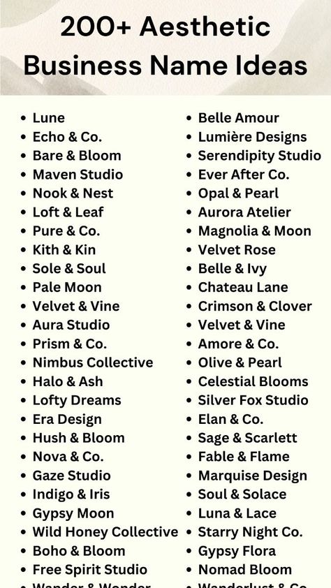 200+ Aesthetic Business Name Ideas Fancy Names For Business, Cute Names For Small Business, Southern Names For Business, Company Names Ideas Business, Business Idea Names, Cute Brand Names Ideas, Cute Brand Names, Small Buissnes Names, How To Come Up With A Business Name