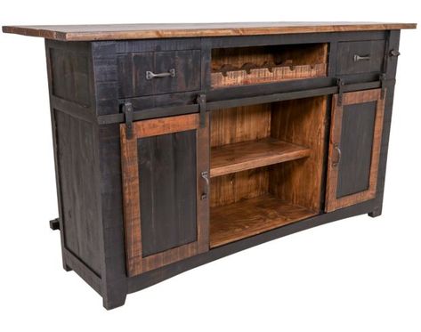 Entertain the night away with this stylish International Furniture Pueblo Black Bar. You'll have plenty of room for all of your supplies with two utility drawers, a fixed shelf behind two sliding barn doors, wine storage for five bottles and an attached cast iron bottle opener. A southwestern flair can be found in style details such as the metal footrest, wrought iron accents and two-tone contrast between black antique finish and rich brown stain. Location: 0 Free Standing Bar, Iron Storage, Iron Accents, Salon Suites, Whiskey Bar, Sliding Barn Doors, Black Bar, Barn Doors Sliding, Dining Room Bar