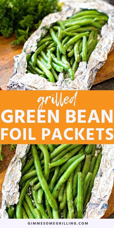 These Grilled Green Beans Foil Packets are the perfect quick and easy side dish on your grill! Grab your fresh green beans, season them, wrap them in foil and you will have a delicious, healthy grilling recipe everyone will love! #grill #grilled #greenbeans #foilpackets #grillingrecipe #recipe #recipeinspiration #sidedish #gimmesomegrilling Grilled Side, Grilled Green Beans, Recipes Vegetables, Foil Packet Meals, Foil Packet, Grilling Sides, Healthy Grilling Recipes, Salad Pasta, Summer Grilling Recipes