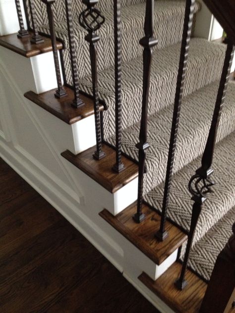 Herringbone carpet runner                                                                                                                                                                                 More Staircase Runner, Stair Makeover, Iron Stair Railing, Stairs Makeover, Wrought Iron Stairs, Escalier Design, Staircase Remodel, Staircase Makeover, Stair Remodel