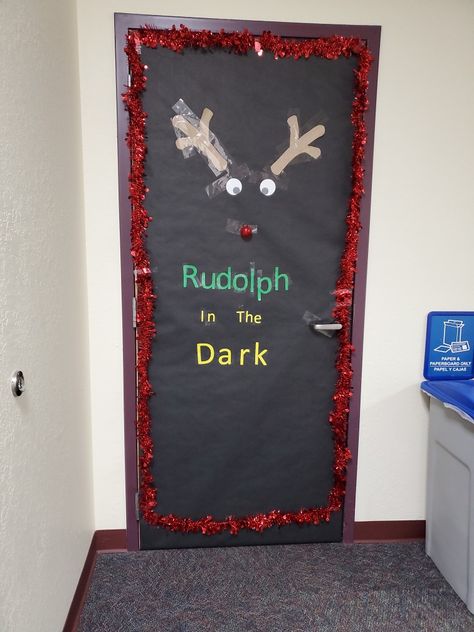 Rudolph in the dark Rudolph At Night Door Decoration, Rudolph Door Decorations For School, Christmas Competition, Christmas Competitions, Christmas Doors, School Door Decorations, Door Decorating, Office Christmas Decorations, Office Christmas