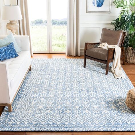 Blossom Blm114 Hand Tufted Rug - Blue/ivory - 6'x6' - Safavieh : Target Hydrangea Bedroom, Basement Rugs, Blue Living Rooms, Dorm Apartment Decor, Dining Room Refresh, Blue Rugs, Modern Contemporary Style, Ivory Area Rug, Blue Home