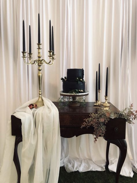 Victorian Goth Birthday Party, Goth Sweetheart Table, Victorian Dessert Table, Goth Guest Book Table, Candelabra Sweet 16, Sweet 16 Candelabra, Old Mansion, Victorian Goth, Wedding Event Planner