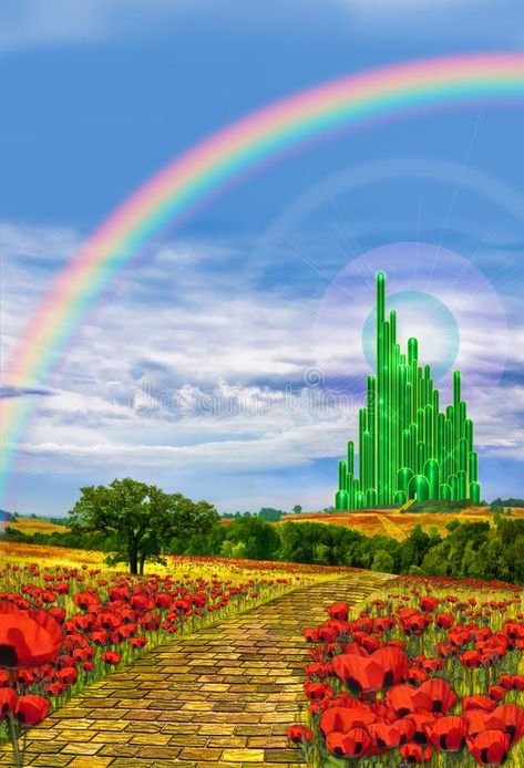 Download Yellow Brick Road To The Emerald City Stock Illustration - Illustration: 108130619 Emerald City Wizard Of Oz, Wizard Of Oz Pictures, Book Cottage, Wizard Of Oz Decor, Rainbow Home Decor, Wizard Of Oz Movie, Wizard Of Oz 1939, The Emerald City, Dnd Campaign