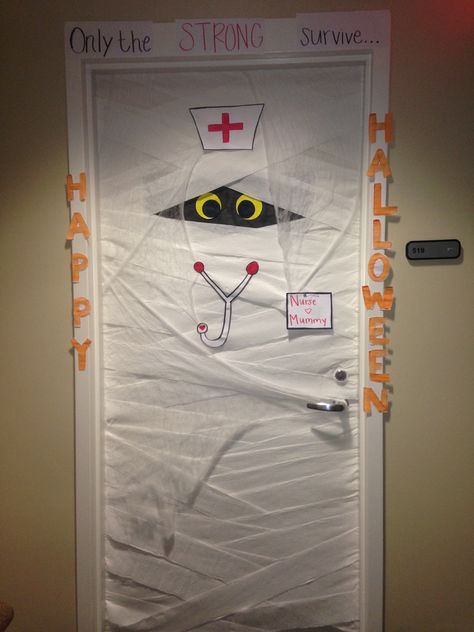 Door decorated to look like a nurse mummy! School Nurse Office Door, School Nurse Door Decoration, Nurse Door Decorations, School Nurse Decorations, School Nurse Elementary, School Nurse Door, School Nurse Office Decorations, Nurse Office Decor, Door Decorations Classroom Christmas