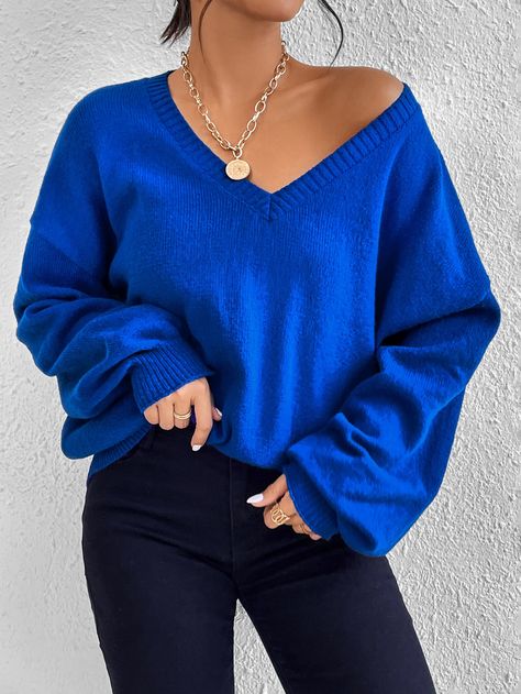 bleu indigo Casual Collar Manches longues Laine peignée Unicolore À enfiler Embellished Extensibilité légère Royal Blue Outfits, Plus Size Pullover, Drop Shoulder Sweaters, Plus Size Sweaters, Blue Outfit, Blue Sweater, Green Sweater, Lantern Sleeves, Knitwear Women