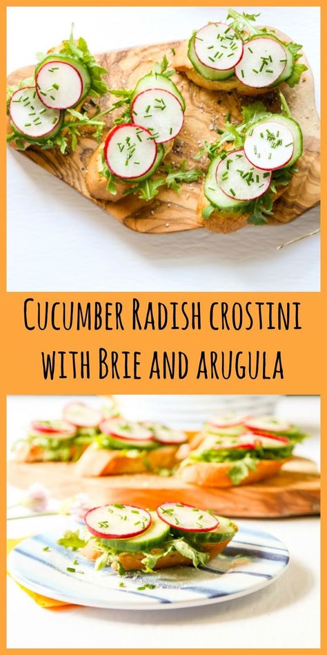 Cucumber Radish Crostini with Brie and Arugula are a simple, fresh appetizer idea that's perfect for spring. #crostini #radish Radish Crostini, Fresh Appetizers, Spring Appetizers, Crostini Appetizers, Snack Prep, Drink Inspiration, Meat Appetizers, Blogger Photos, Mood Food