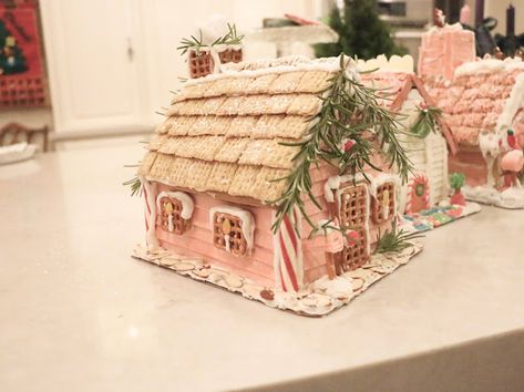 Charcuterie Chalet, Gingerbread House Pink, Christmas Fare, Christmas Confections, Pink Gingerbread House, Gingerbread House Decorating Party, Gingerbread House Ideas, Gingerbread House Decorating, Party Girls Night