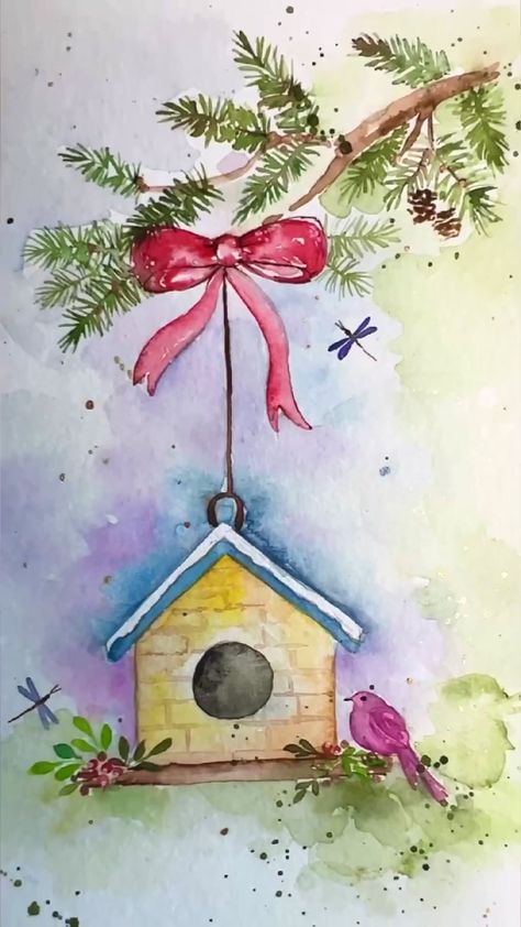 A Christmas birdhouse #fyp #watercolorpainting #tiktokartist #holidayseason2023 #TikTokshop Christmas Birdhouse, Professional Art Supplies, Art Tutorials Watercolor, Art Painting Tools, Christmas Card Art, Watercolor Tree, Diy Watercolor Painting, Watercolor Christmas Cards, Watercolor Paintings Easy