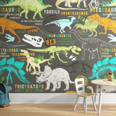 Viv + Rae Hazeltine Wallpaper & Reviews | Wayfair Walls With Wallpaper, Colorful Words, Playroom Mural, Magnolia Wallpaper, Wallpaper Adhesive, Dinosaur Room, Toddler Boys Room, With Wallpaper, Dinosaur Nursery