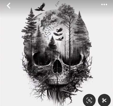 Creepy Woods Tattoo, Forest Neck Tattoo, Elk Hunting Tattoos, Dark Nature Tattoo Sleeve, Survival Tattoo For Men, Skull Nature Tattoo, Ghost Skull Tattoo, Half Sleeve Tattoos Nature, Outdoors Tattoo Ideas