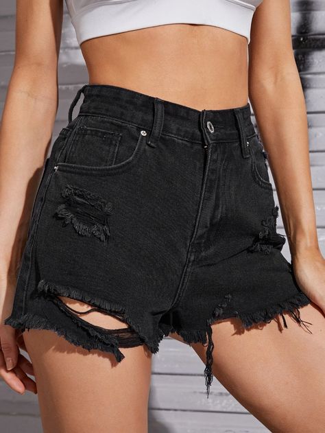 Raw Hem Ripped Denim Shorts | SHEIN USA Ripped Shorts Outfit, Black Ripped Shorts, 5sos Outfits, Women Denim Shorts, Summer Shorts Outfits, Ripped Jean Shorts, Ripped Denim Shorts, Black Jean Shorts, Ripped Shorts