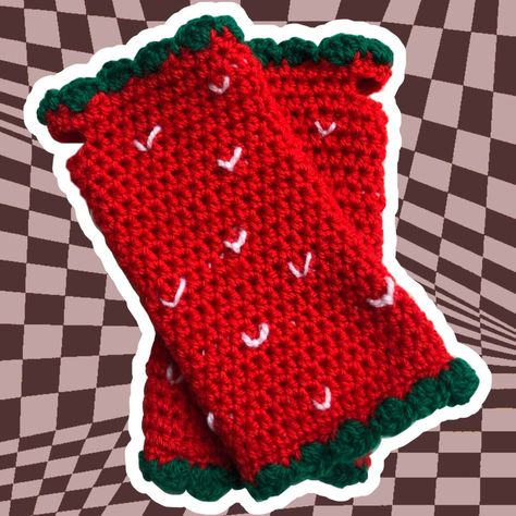 Crochet Strawberry Accessories, Strawberry Crochet Blanket, Crochet Strawberry Top, Kawaii Crochet Clothes, Strawberry Scarf Crochet, Strawberry Leg Warmers, Mushroom Gloves Crochet, Strawberry Gloves Crochet, Crochet Hat Strawberry