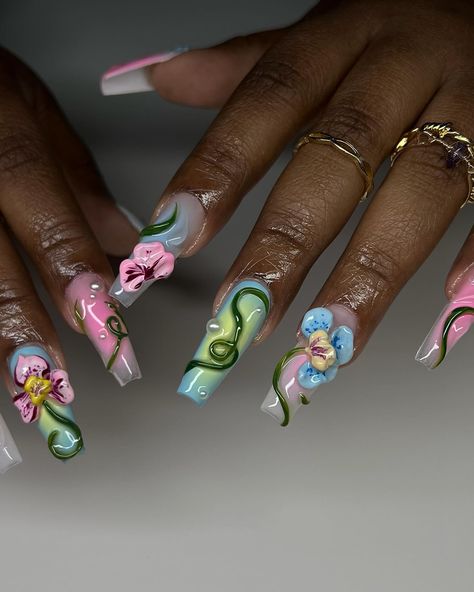 the perfect spring nails 🌸🌱🦋🌼 inspo: @setsxnenita @shopagaloreco products used: *bonding base *ultra white, ballet slipper, wild strawberry, wine, carolina, periwinkle, cobalt, razzle dazzle, crocodile, indica, limon *bling gel *diamond steel top coat use code ‘ALEXIA10’ at checkout 🤎 #nailart #naildesign #flowernails #floralnailart #3dnails #3dnailart #cltnails #cltnailtech #gelx #gelxnails #gelxinspo #gelxnailtech #pastelnails #springnails Wild Nails, Strawberry Wine, Wild Strawberry, Nail Design Inspiration, Floral Nail Art, Ultra White, Razzle Dazzle, Pastel Nails, Elegant Nails