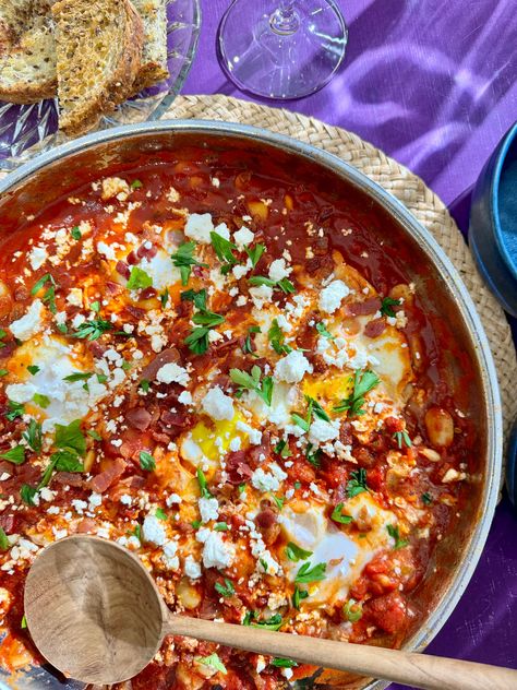 It's breakfast, it's dinner, it's eggs in purgatory with beans to make it an even more satisfying meal. Chicken Brussel Sprouts, Pretzel Crusted Chicken, Chipotle Vinaigrette, Beer Battered Fish Tacos, Eggs In Purgatory, Grilled Flatbread, Halloumi Salad, Stovetop Mac And Cheese, Spring Veggies