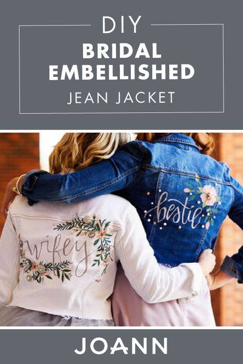 Bring the bridal party together with this DIY Bridal Embellished Jean Jacket from JOANN! Gather the girls for a fun crafting party or hand them out as cute bridesmaid invitations. Denim Jacket Ideas, Groom And Bridesmaids, Jean Jacket Diy, Bedazzled Jeans, Denim Wedding, Custom Jean Jacket, Bride Jacket, Custom Leather Jackets, Jacket Ideas