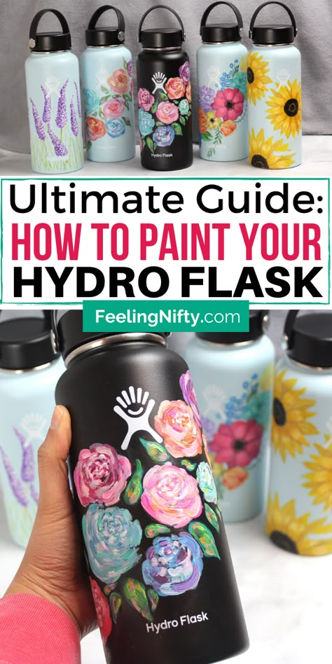 DIY Hydro flask painting ideas and tips to get your Hydroflask painted and sealed properly. 5 easy and simple flowers designs you can do on your Black, White and Blue (mint) Hydroflasks. Step by step tutorial included. Water bottle painting with acrylics paints. #hydroflask  #hydroflasks #hydroflaskpainting  #hydroflaskArt #paintedHydroflask  #painting #vscoart #vsco  #acrylicPainting #art #aesthetic #vscoart #vsco #vscopaint #customhydroflasks #hydroflasks #customwaterbottles #paintedHydro Flask Ideas Diy, Hydro Flask Painting Ideas, Hydro Flask Painting, Hydroflask Painting, Flask Painting, Water Bottle Painting, Hydro Painting, Flask Art, Water Bottle Art