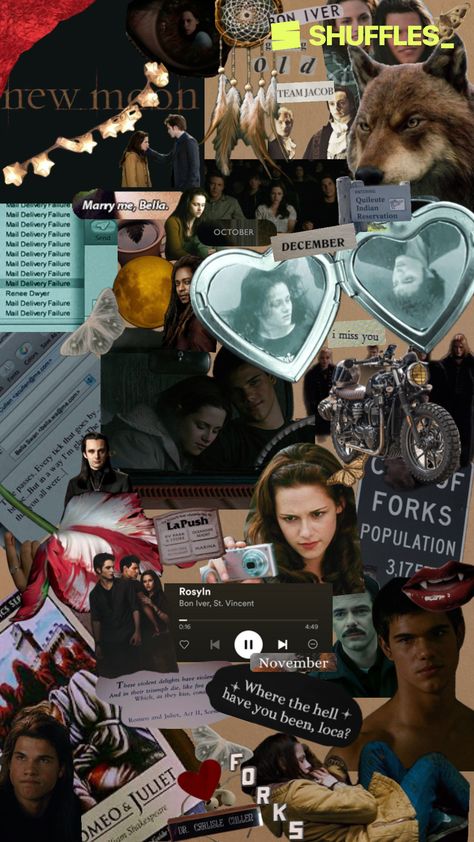 Created by babybearr96 on Shuffles Twilight Lockscreen Aesthetic, Twilight Filter Wallpaper, Twilight Saga Movie Posters, Twilight Collage Wallpaper, Twilight Shuffle, Twilight 2008, Twilight New Moon, Bon Iver, Twilight Saga