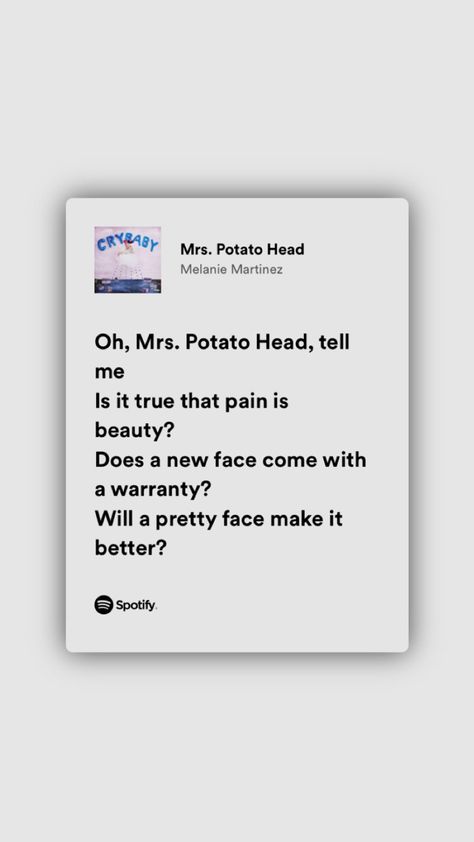 Ms Potato Head Melanie Martinez, Mrs Potato Head Melanie Martinez, Melanie Martinez Lyrics, Real Lyrics, Mrs Potato Head, Pastel Poster, Meaningful Lyrics, Potato Heads, Potato Head