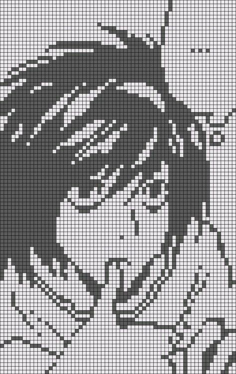 Pixel Crochet Pattern Charts Free, Anime Crochet Graph, Anime Pixel Art Grid Black And White, Crochet Alpha Pattern Anime, Manga Alpha Pattern, Anime Crochet Tapestry Pattern, Crochet Graphs Patterns, Junji Ito Alpha Pattern, Alpha Patterns Crochet Bag