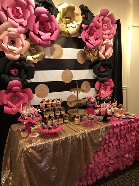 Hot Pink And Black Dessert Table, Pink Black White Party Decoration, Hot Pink Gold And Black Birthday Party, Pink 50th Birthday Decorations, Black White Gold Pink Party Decorations, Black White And Hot Pink Party Ideas, Hot Pink Black And Gold Party Decor, Black Gold Pink Party Decoration, Pink Gold And Black Birthday Party