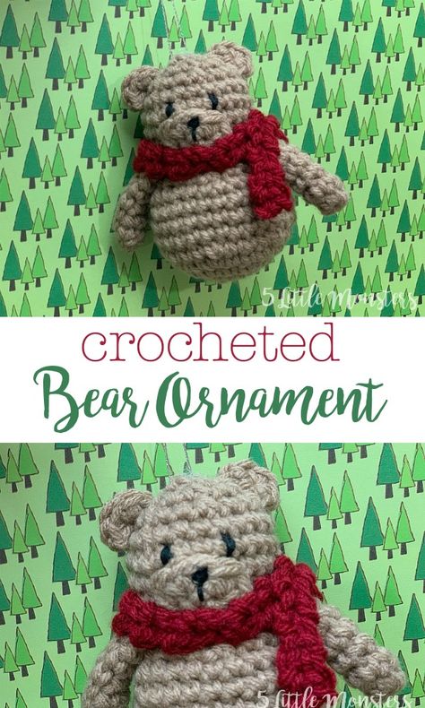 Crocheted Teddy Bear, Crocheted Bear, Wearing A Scarf, Crochet Christmas Ornaments Free, Teddy Bear Ornament, Crochet Ornament Patterns, Crochet Stitches For Blankets, Crochet Xmas, Crochet Christmas Decorations