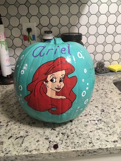 Little Mermaid Pumpkin Painting Ideas, Ariel Pumpkin, Ariel Pumpkin Painting, Mermaid Pumpkin, Little Mermaid Painting, Story Book Pumpkin, Mermaid Painting, Simple Canvas Paintings, Painted Pumpkins