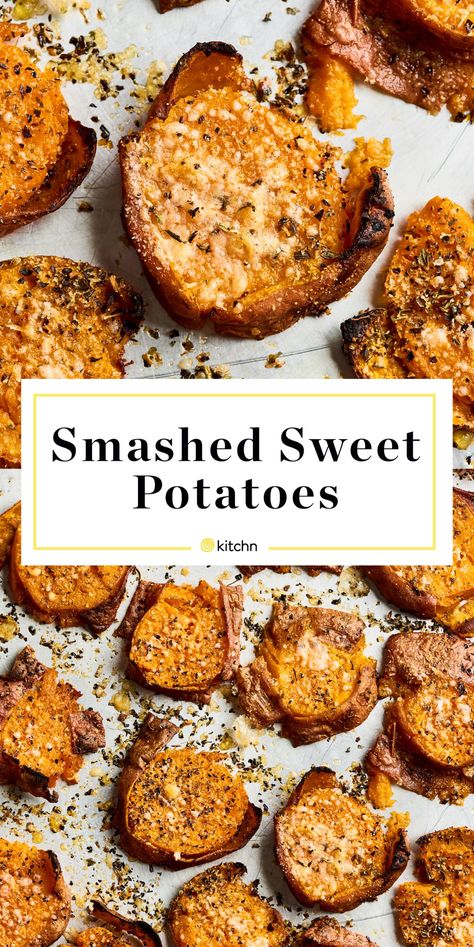 Smashed Sweet Potatoes, Vegan Comfort Food, Veggie Side Dishes, Garlic Herb, Sweet Potato Recipes, Meat Free, Vegetable Side Dishes, Sweet Potatoes, Vegetable Dishes