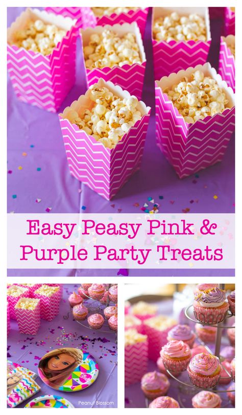 Pink and purple party treats for a Barbie birthday party. This simple party menu is perfect for keeping the focus on fun with just a simple light snack to keep them energized! #partytreats #celebratewithbarbie #birthdaypartyfood #birthdaypartysnacks Barbie Party Ideas, Pink Purple Party, Barbie Party Decorations, Barbie Theme Party, Birthday Party Snacks, Barbie Food, Barbie Birthday Party, Purple Birthday, Barbie Theme