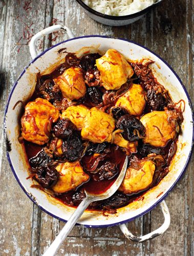 How delicious does Rick Stein's Kozani chicken with prunes, saffron and paprika from Rick Stein's Long Weekends look?! Kozani is a town in Greek Macedonia, about an hour west of Thessaloniki, famous for its saffron – and this chicken dish is popular there too. We can't think of anything else we'd rather tuck into tonight. Chicken With Prunes, Rick Stein Recipes, Lamb Casserole, Rick Stein, Chicken Dish, Greek Chicken, Chicken Spices, Sunday Roast, Spinach And Feta