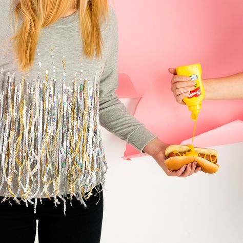 Make Your Winter Wardrobe Sparkle With This No-Sew Sequin Sweater via Brit + Co Diy Sequin Top, Diy Clothes Refashion Shirts, Diy Clothes Refashion Upcycling, Diy Clothes Easy, Diy Clothes Refashion Videos, Sequin Tshirt, Sequins Diy, Shirt Makeover, Sparkle Outfit