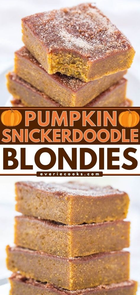 Ultra Tender Spiced Pumpkin Blondies - Averie Cooks Moist Pumpkin Bars, Pumpkin Blondies, Snickerdoodle Blondies, Chewy Gingerbread Cookies, Averie Cooks, Pumpkin Recipes Easy, Easy Autumn Recipes, Pumpkin Recipe, Blondies Recipe