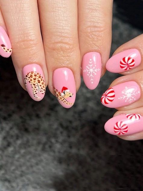 Upgrade Your Look With 24pcs Long Almond Shape Pink Christmas Design Simple & Everyday Wear Manicure Kit Leopard Print, Christmas Hat, Snowflake, Christmas Ball. Suitable For Parties, Dances & Daily Wear | SHEIN USA Press On Nails Tips, Short Oval Nails, Christmas Manicure, Nagel Tips, Nails Tips, Nail Type, Pink Holiday, Snowflake Nails, Oval Nails