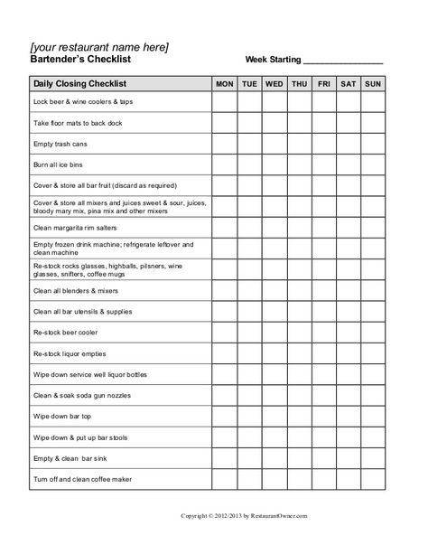 Bartender checklist Bookstore Business, Closing Checklist, Restaurant Manager, Restaurant Cleaning, Cleaning Checklist Template, Coffee Shop Business, Opening A Restaurant, Business Checklist, Restaurant Names