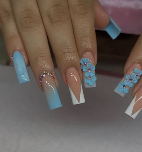 Royal Blue 3d Flower Nails, Blue Nails For Baby Boy Shower Ideas, Sweet 16 Nails, Diamond Nail Designs, Acrylic Nails Stiletto, 3d Flower Nails, Acrylic Toe Nails, Nails 3d, Acrylic Nail Set